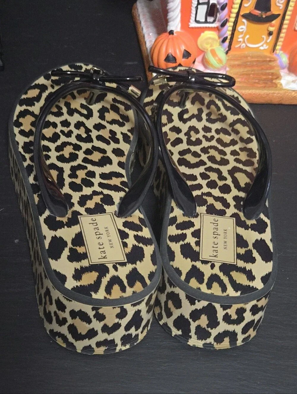 kate spade Leopard Print Platform Flip Flop Sandals in Black and Tan